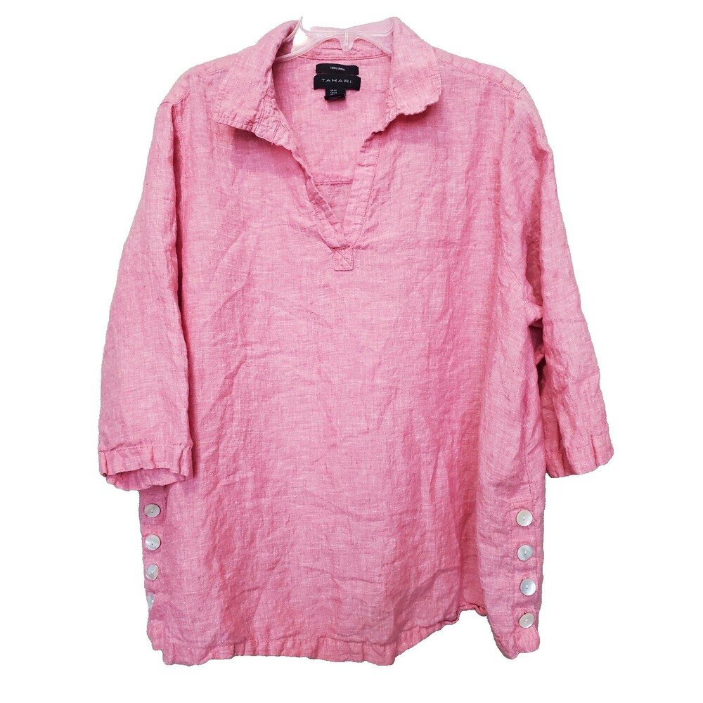 Tahari Pink 100% Linen Henley 3/4 Sleeve Tunic w/Side Vents Size 2X Beachy